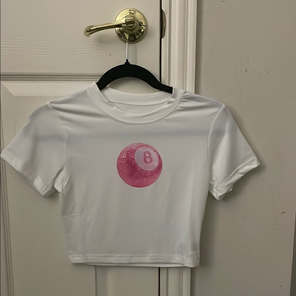 White Crop Top with Pink 8 Ball Design